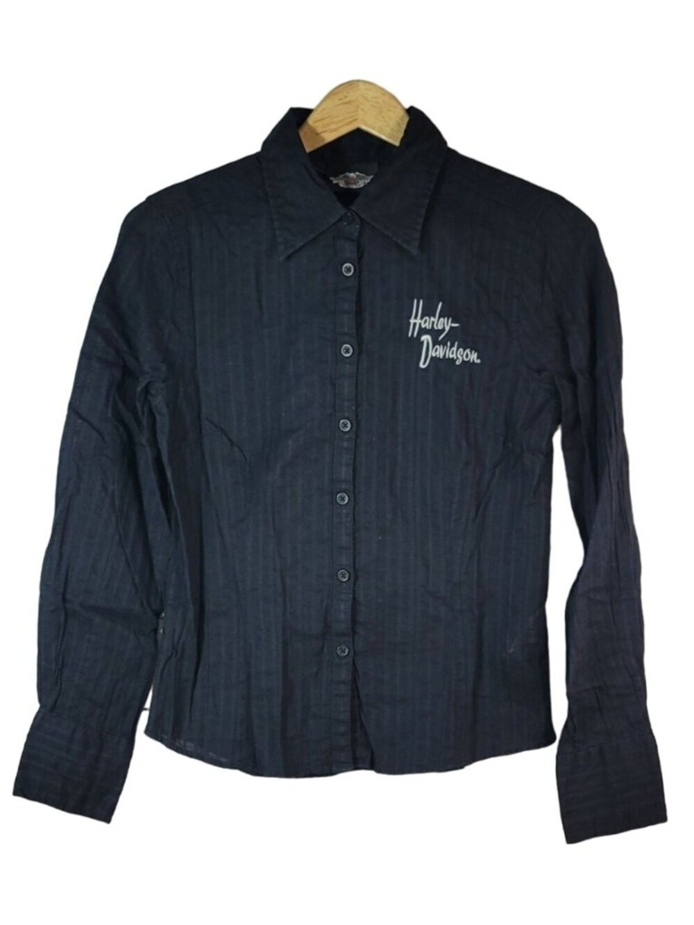 Harley-Davidson Womens Long Sleeve Top Black Small Embroidered Button Semi Sheer